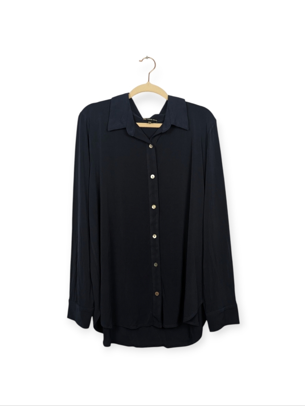 Franne Golde Blouse 3X Navy Button Front Collared High Low Long Sleeve Career